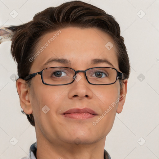 Neutral white adult female with short  brown hair and brown eyes