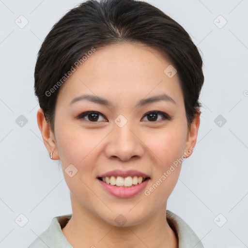 Joyful asian young-adult female with short  brown hair and brown eyes