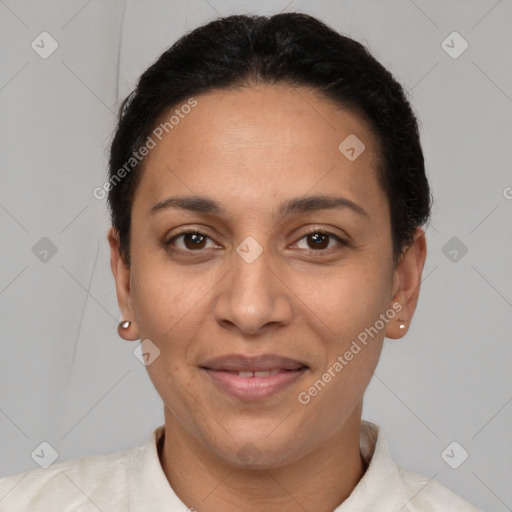 Joyful white adult female with short  brown hair and brown eyes