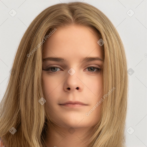 Neutral white young-adult female with long  brown hair and brown eyes