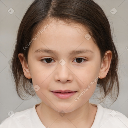 Joyful white child female with medium  brown hair and brown eyes