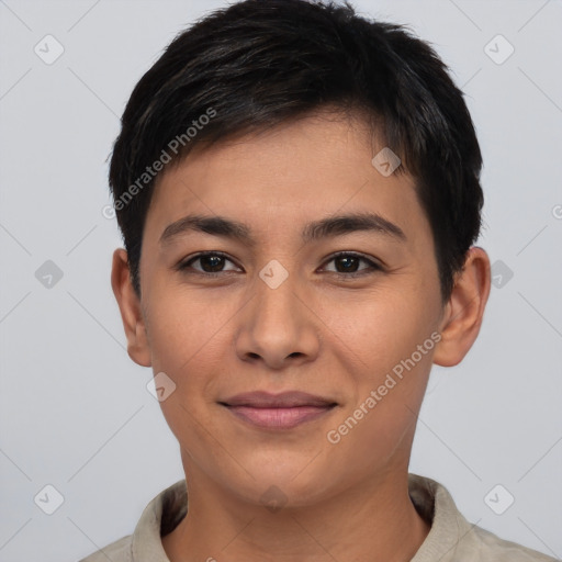 Joyful asian young-adult female with short  black hair and brown eyes