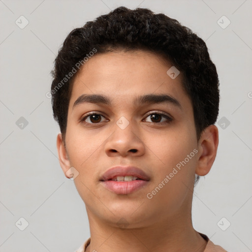 Neutral latino young-adult male with short  brown hair and brown eyes