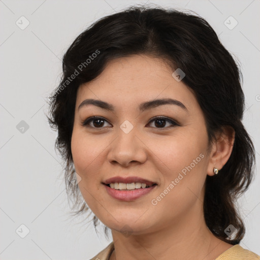 Joyful white young-adult female with medium  brown hair and brown eyes