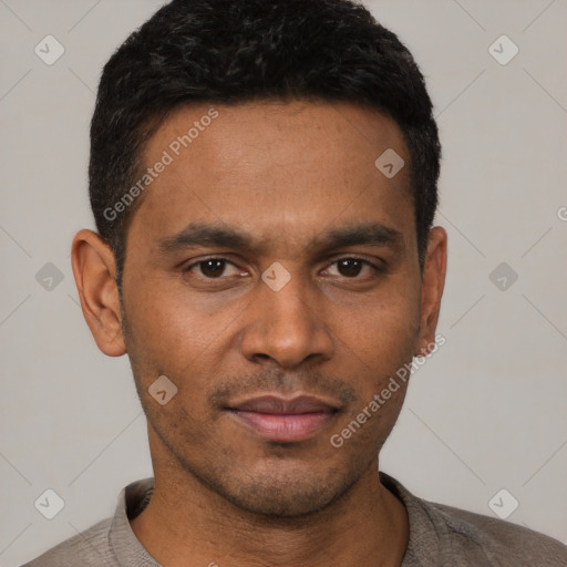 Neutral latino young-adult male with short  black hair and brown eyes