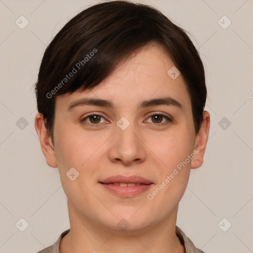 Joyful white young-adult female with short  brown hair and brown eyes