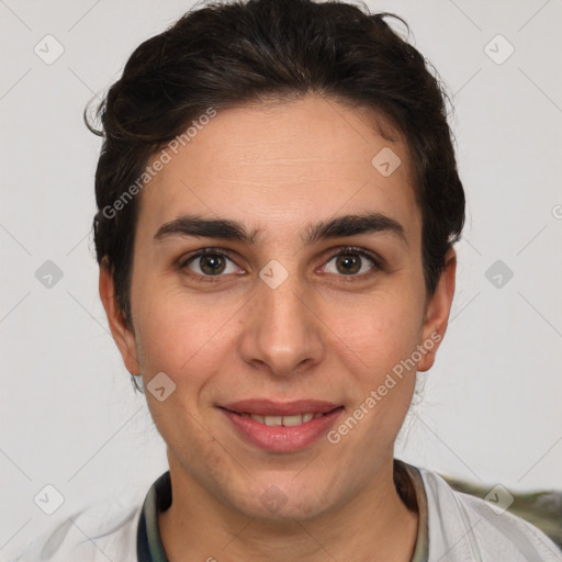 Joyful white young-adult female with short  brown hair and brown eyes