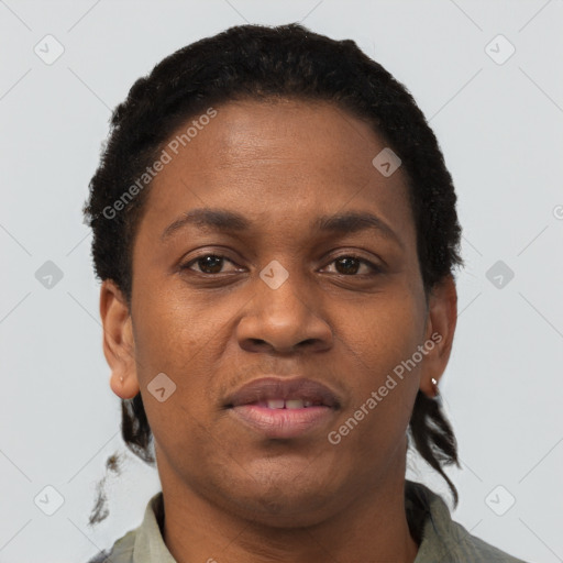 Joyful black young-adult female with short  brown hair and brown eyes
