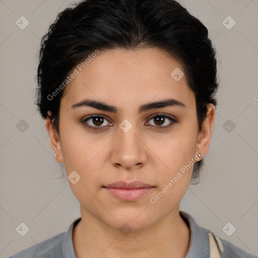 Neutral latino young-adult female with medium  black hair and brown eyes