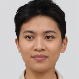 Joyful asian young-adult female with short  brown hair and brown eyes