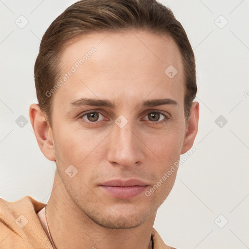 Neutral white young-adult male with short  brown hair and grey eyes