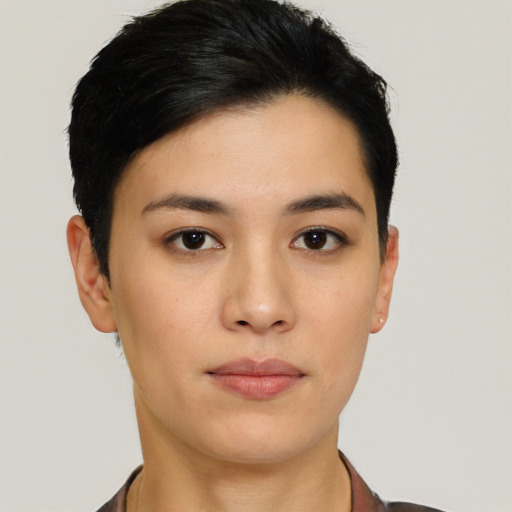Neutral asian young-adult female with short  brown hair and brown eyes