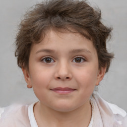 Joyful white child female with short  brown hair and brown eyes