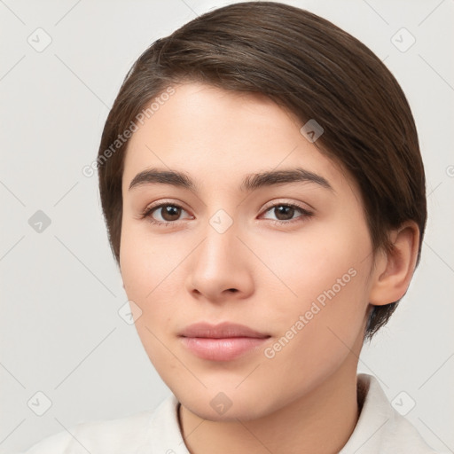 Neutral white young-adult female with short  brown hair and brown eyes