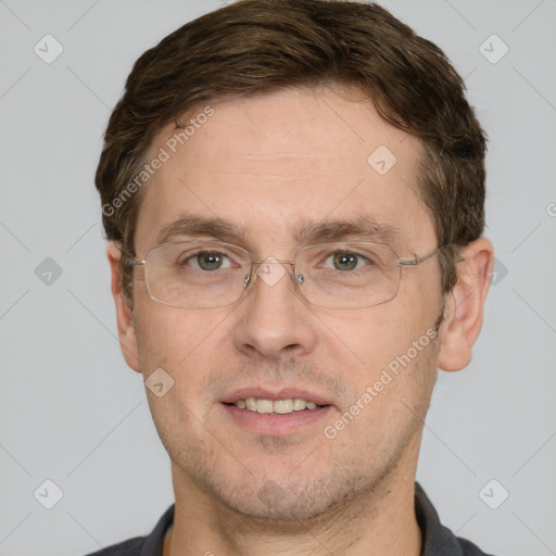 Joyful white adult male with short  brown hair and grey eyes