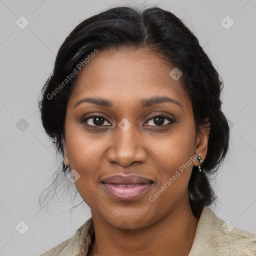 Joyful black young-adult female with medium  black hair and brown eyes