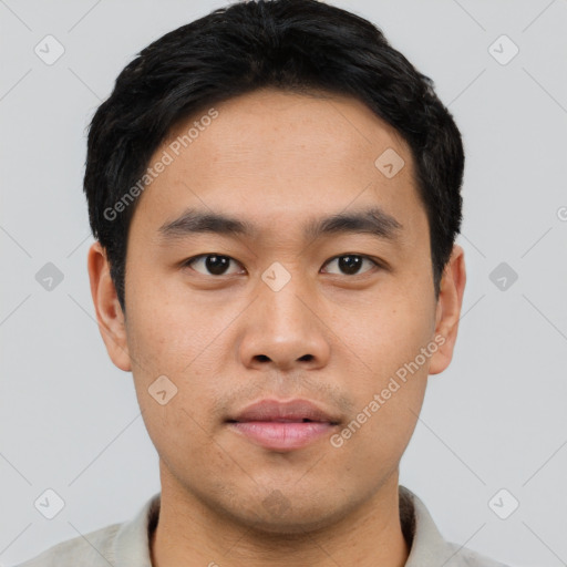 Neutral asian young-adult male with short  black hair and brown eyes