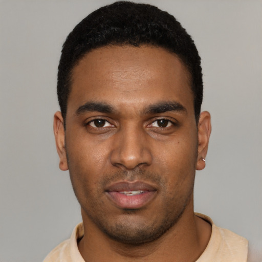 Neutral black young-adult male with short  black hair and brown eyes