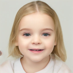 Joyful white child female with medium  brown hair and blue eyes