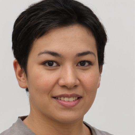 Joyful asian young-adult female with short  brown hair and brown eyes
