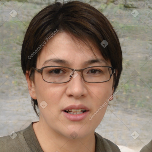 Joyful white adult female with short  brown hair and brown eyes