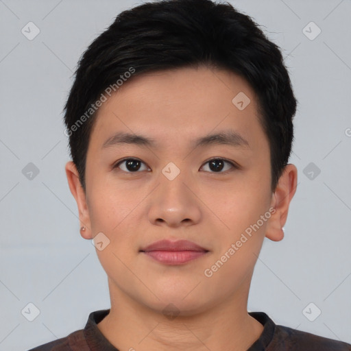 Neutral asian young-adult male with short  black hair and brown eyes