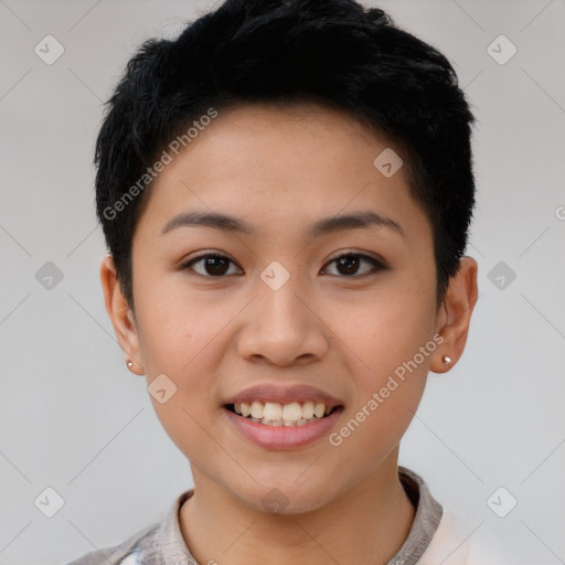 Joyful asian young-adult female with short  black hair and brown eyes