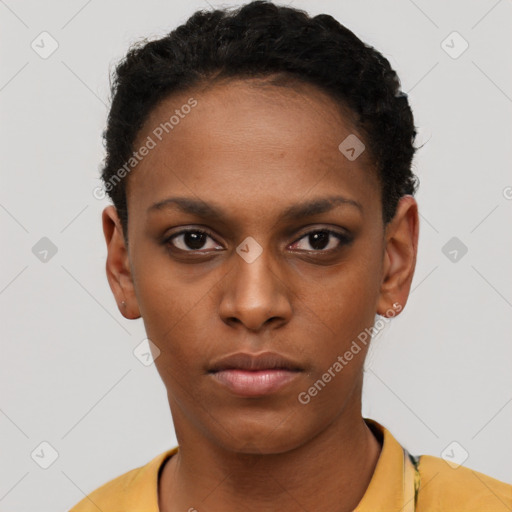 Neutral black young-adult female with short  black hair and brown eyes