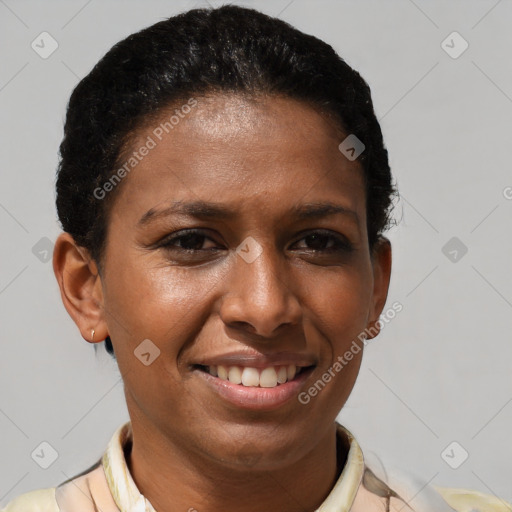 Joyful latino young-adult female with short  brown hair and brown eyes