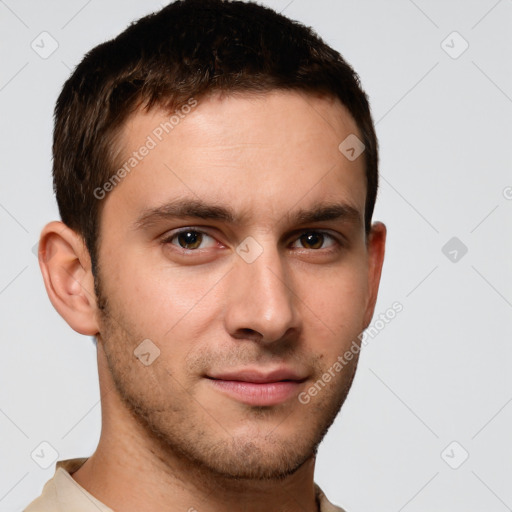 Neutral white young-adult male with short  brown hair and brown eyes