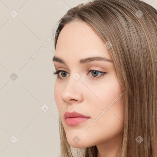 Neutral white young-adult female with long  brown hair and brown eyes