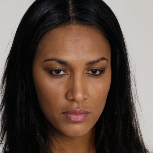 Neutral asian young-adult female with long  brown hair and brown eyes