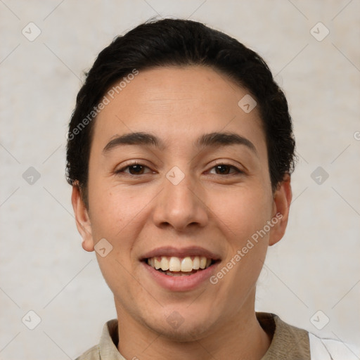 Joyful white young-adult female with short  brown hair and brown eyes