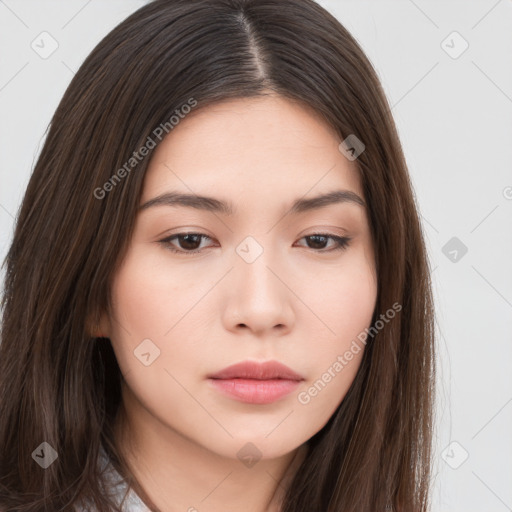 Neutral white young-adult female with long  brown hair and brown eyes