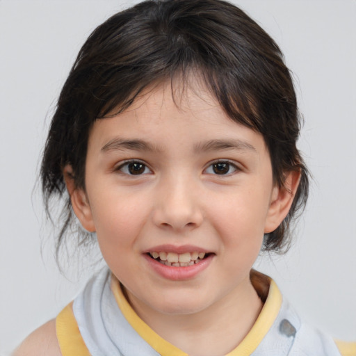 Joyful white child female with medium  brown hair and brown eyes