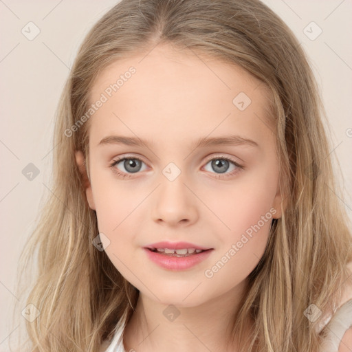 Joyful white child female with long  brown hair and brown eyes