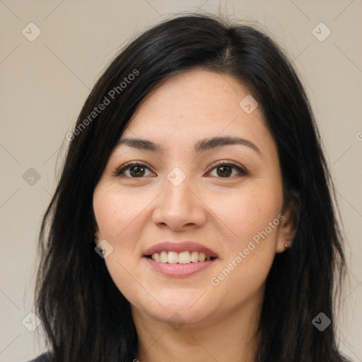 Joyful white young-adult female with long  brown hair and brown eyes