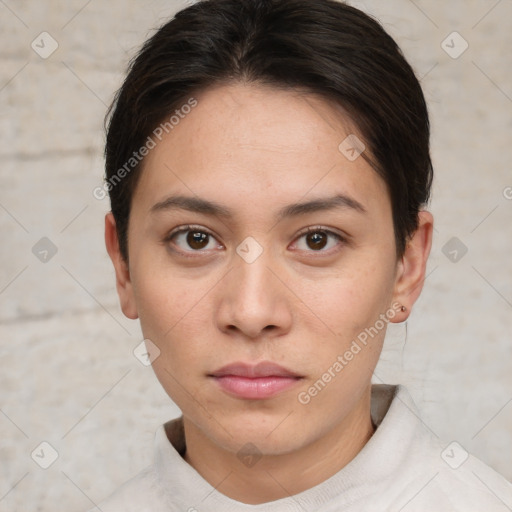 Neutral white young-adult female with short  brown hair and brown eyes