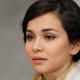 Neutral white young-adult female with short  brown hair and brown eyes