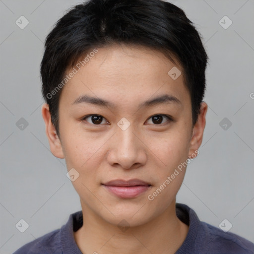 Joyful asian young-adult female with short  brown hair and brown eyes