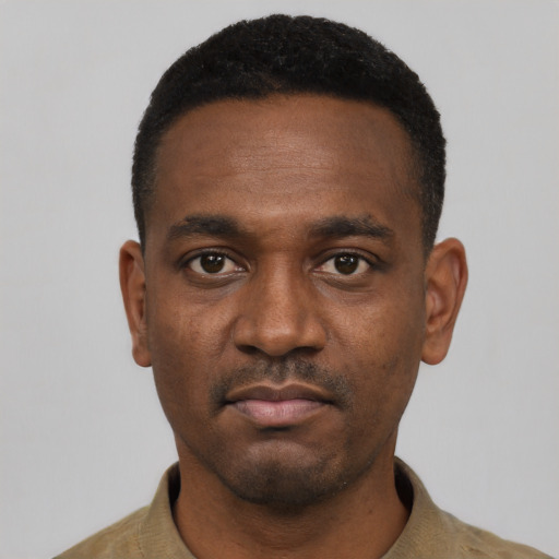 Neutral black young-adult male with short  black hair and brown eyes