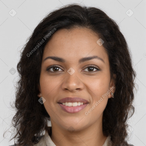 Joyful latino young-adult female with long  brown hair and brown eyes