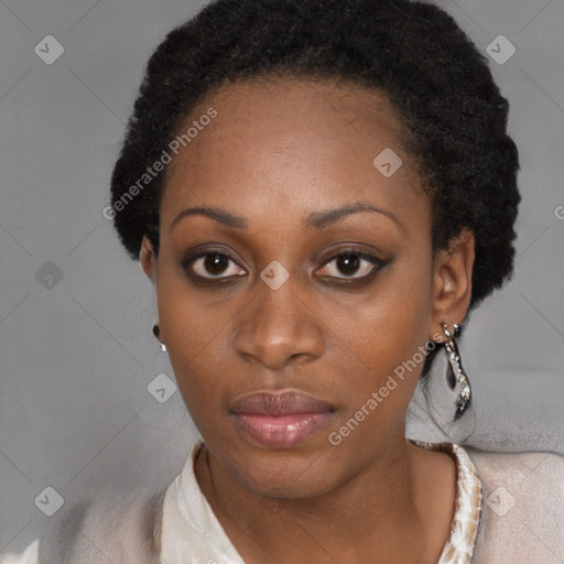 Neutral black young-adult female with short  black hair and brown eyes