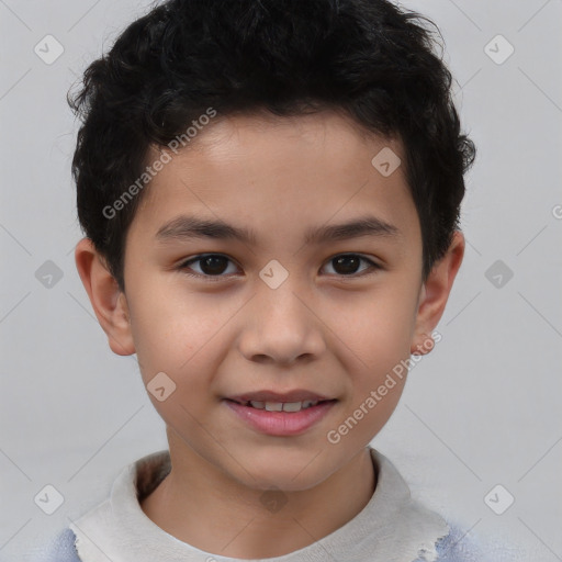 Joyful asian child male with short  brown hair and brown eyes