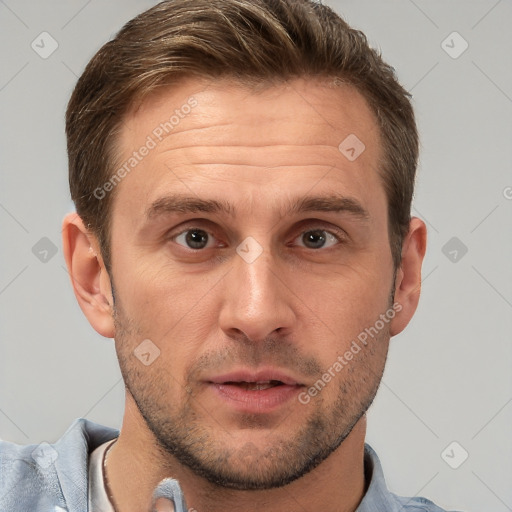 Neutral white adult male with short  brown hair and brown eyes