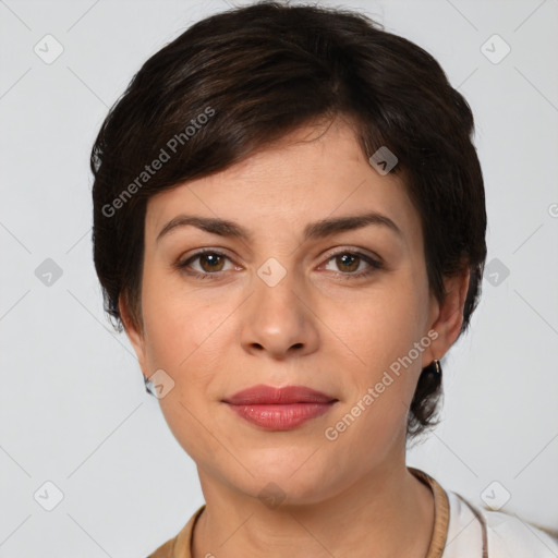 Joyful white young-adult female with medium  brown hair and brown eyes