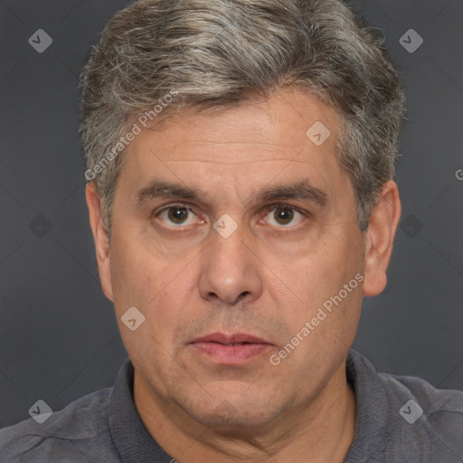 Neutral white middle-aged male with short  brown hair and brown eyes