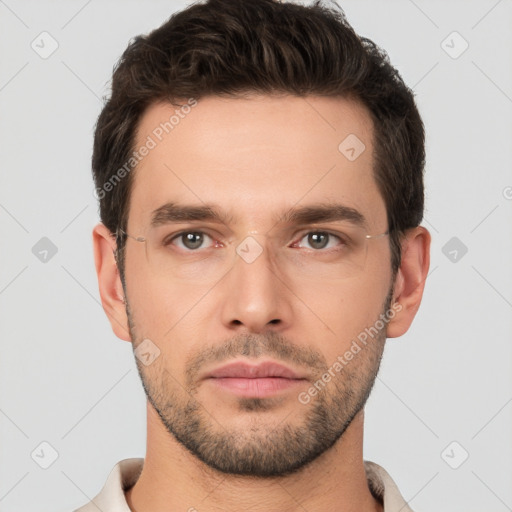 Neutral white young-adult male with short  brown hair and brown eyes