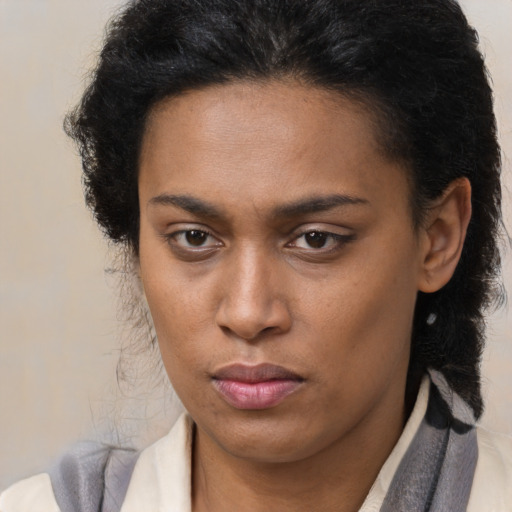 Neutral latino young-adult female with medium  brown hair and brown eyes
