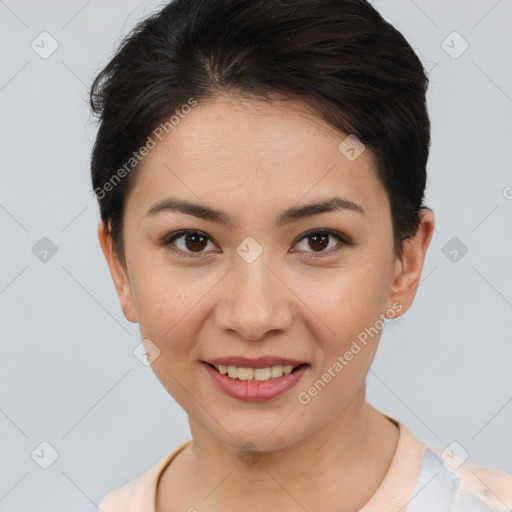 Joyful asian young-adult female with short  brown hair and brown eyes